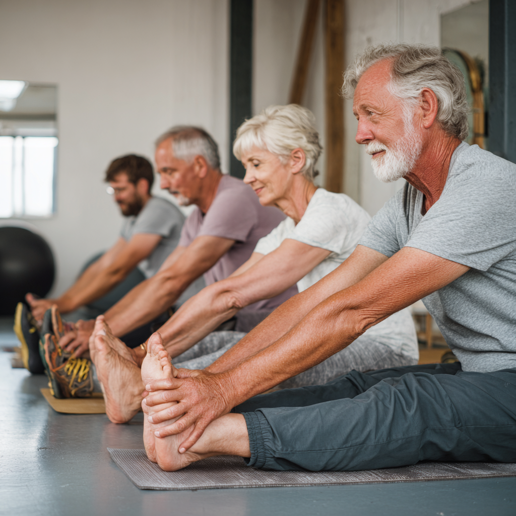 Older adults practicing gentle foot stretching exercises
